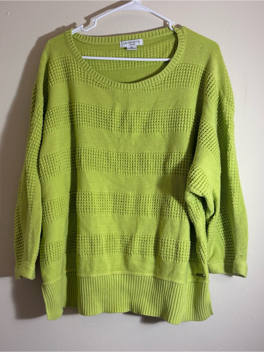 Women’s Liz Claiborne Bright Lime Green Textured Knit Scoop Neck Sweater size 2X